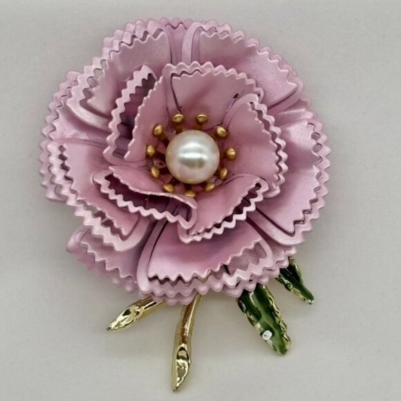Unmarked Jewelry - Vintage Metal and Enamel Flower Carnation Brooch Pin W/Cream Faux Pearl Unmarked